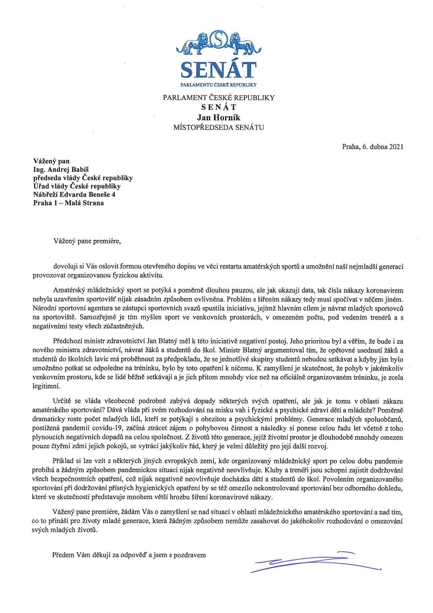Otevřený dopis senátora Horníka